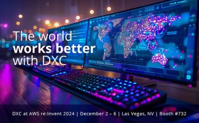two computer screens and keyboards with neon colors, AWS | DXC Technology